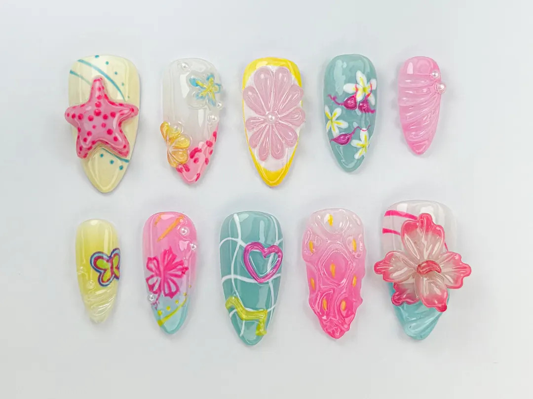 Tropical Summer Press-On Nails | Bright Pink & Yellow Nail Art | Summer Inspired Nail Design | Cu... | Etsy (US)