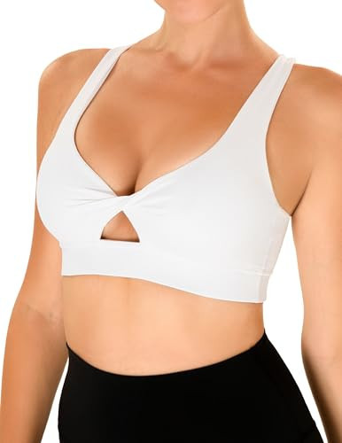 YUNOGA Women's Workout Push Up Bras Twist Front Cropped Yoga Bra with Removable Pads and Supportive Criss Cross Back (White,L) | Amazon (US)