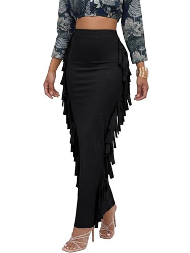 LYANER Women's Skirt Fringe Side Tassel Elastic Waist Slim Bodycon Long Maxi Pencil Skirts for Club Black X-Large | Amazon (US)