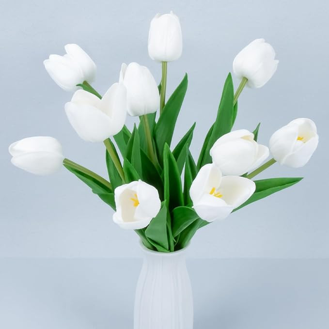 MAQIHAN 10 White Tulips Artificial Flowers - Real Touch Fake Tulips, Realistic Faux Plastic Flowe... | Amazon (US)