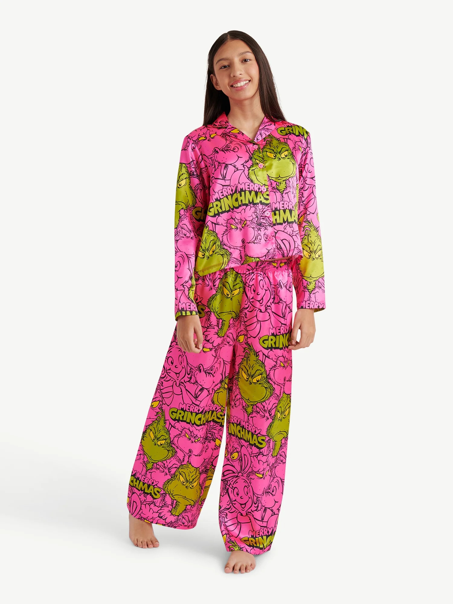 Justice x Grinch Girls Long Sleeve Notch Collar Sleep Top and Sleep Pants, 2-Piece, Sizes 4-18 | Walmart (US)