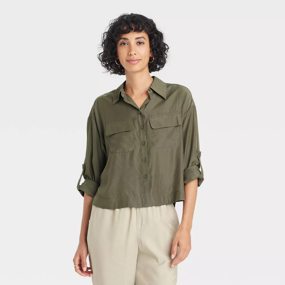 Women's Long Sleeve Button-Down Cropped Utility Shirt - A New Day™ Olive M | Target