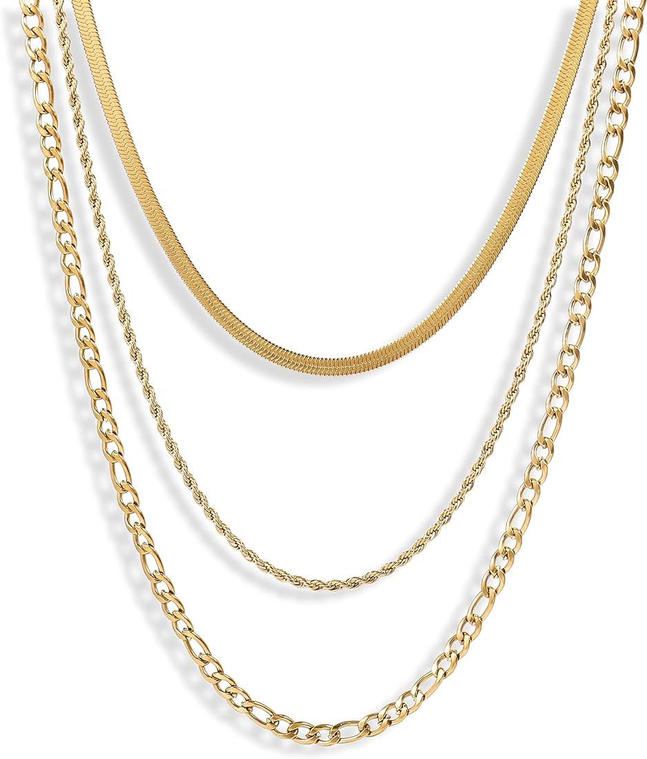 Gold Silver Chain Plated Layered Necklaces for Women | Snake Chain|2mm Rope Chain|Figaro Chain | Amazon (US)