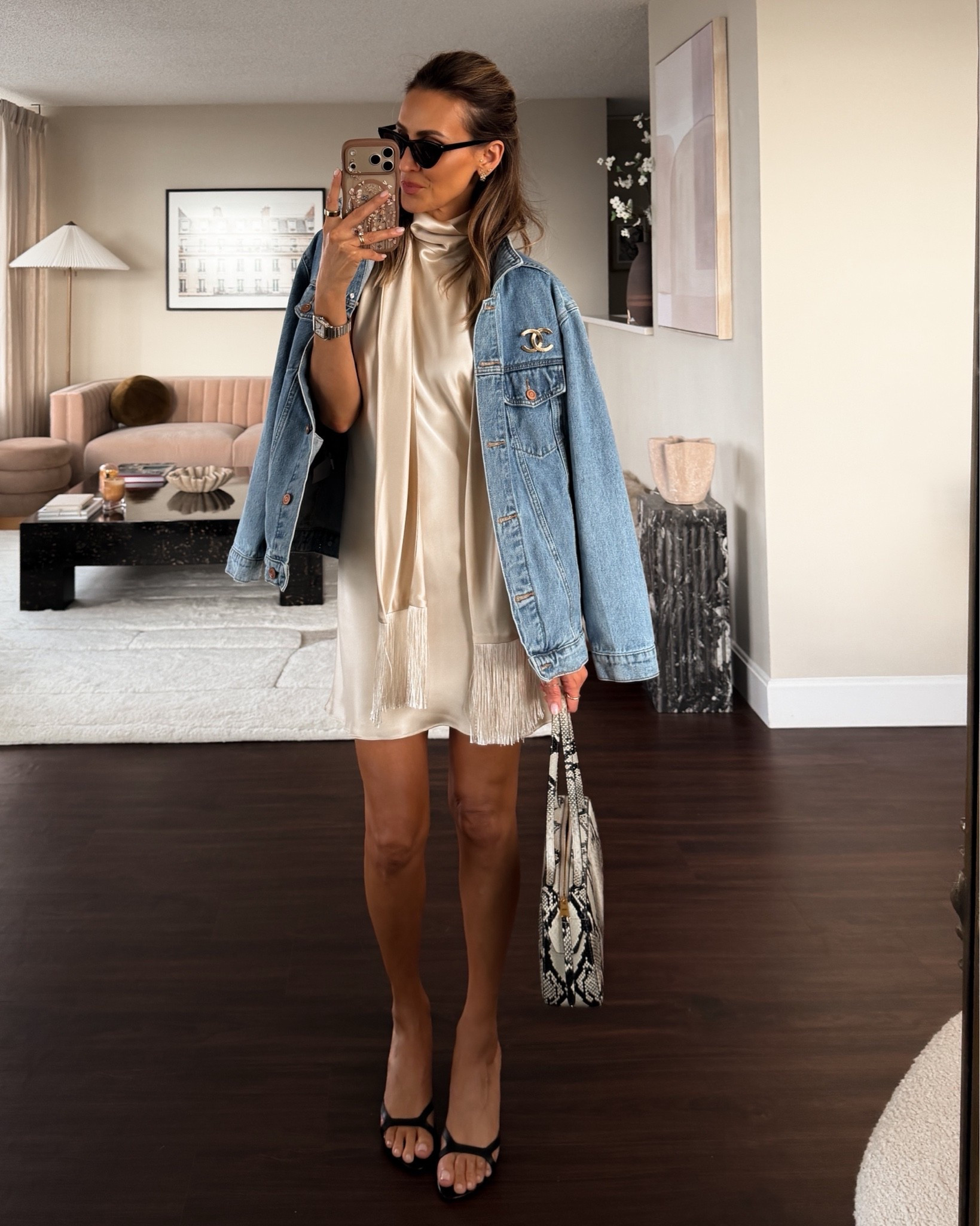 Date night outfit ✨ 

This backless satin dress is beautiful, fully lined and the fringe scarf add a lot of movement! I’m toning down a notch by adding the oversized denim jacket and black accessories 🖤

#LTKgrwm #LTKootd #LTKSeasonal