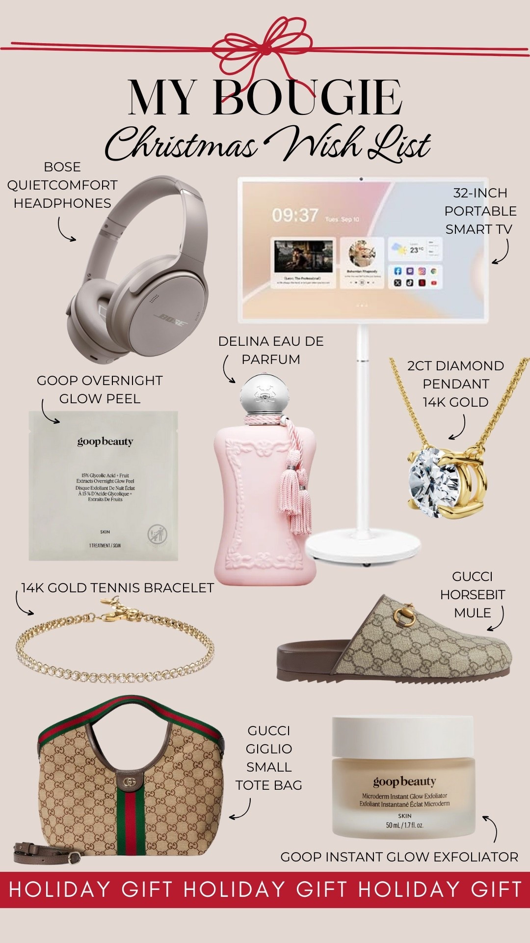 My bougie Christmas wish list includes Bose QuietComfort headphones, a 32-inch portable SmartTV, Goop Beauty Glow Peel, Delina Eau de Parfum, a 2-carat diamond pendant, a 14k gold tennis bracelet, Gucci horsebit mules, a Gucci Giglio tote, and Goop Beauty Glow Exfoliator.  

Gifts for her, gifts for mom, luxury gift guide, holiday gift ideas

#LTKGiftGuide #LTKHoliday #LTKOver40
