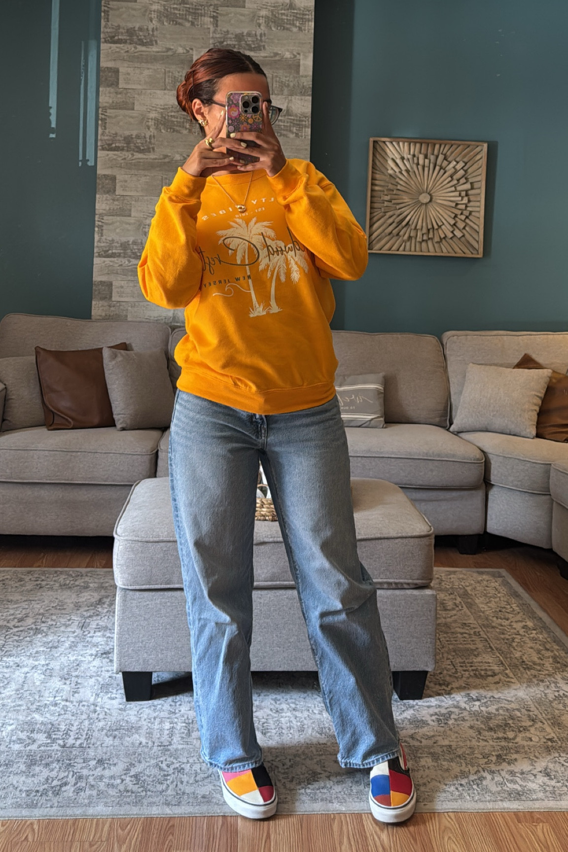 Yellow sweatshirt, wildwood nj sweater, blue jeans, American eagle jeans, light blue jeans, patchwork vans, gold jewelry, spring outfit, summer outfit, cozy outfit 

#LTKSummerEdit #LTKStyleTip #LTKSaleAlert