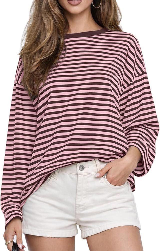 CHYRII Womens Oversized Striped Long Sleeve T Shirt Casual Fall Tops | Amazon (US)