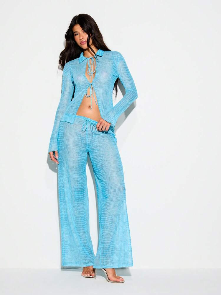KIZN Women's Turquoise Crocodile Print Mesh Wide Leg Palazzo Pants With Drawstring Waist And High... | SHEIN