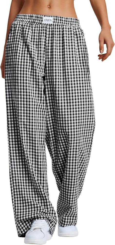 LOMON Women's Striped Gingham Boxer Pants Cotton Pajama Lounge Pj Casual Plaid Trousers Y2K Beach... | Amazon (US)