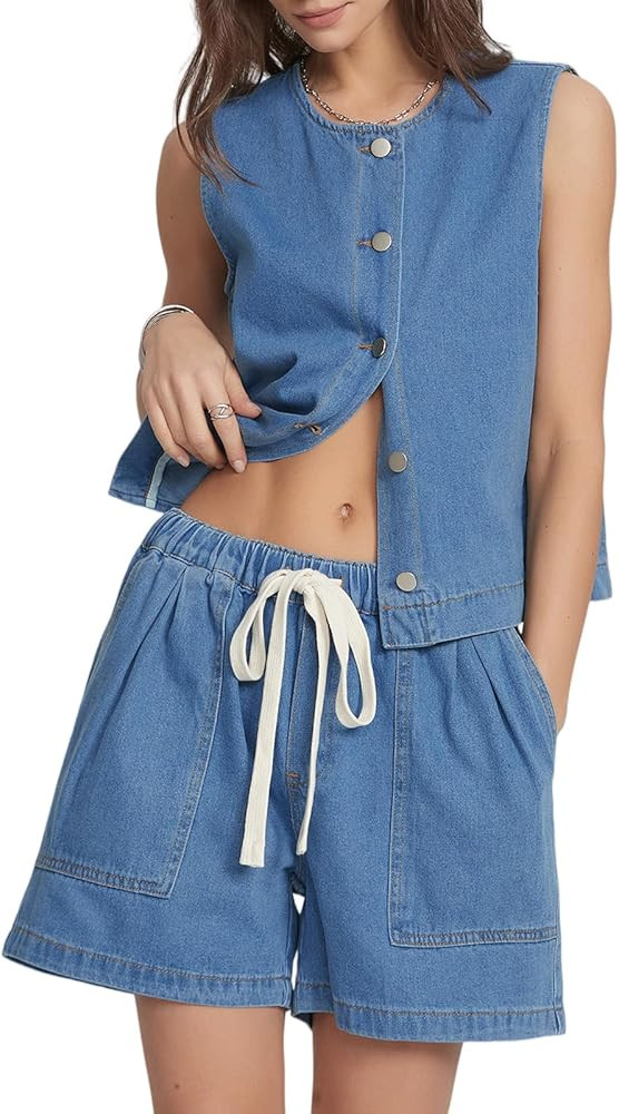 Kedera Denim Two Piece Outfits for Women Casual Sleeveless Denim Vest with Elastic Waist Baggy Je... | Amazon (US)