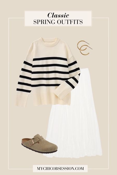 Create a spring outfit with these classic pieces. Start with a long white midi skirt. Next, add an oversized knit striped sweater. Finish your outfit with gold hoops, and Birkenstock Boston clogs.

#LTKstyletip #LTKSeasonal