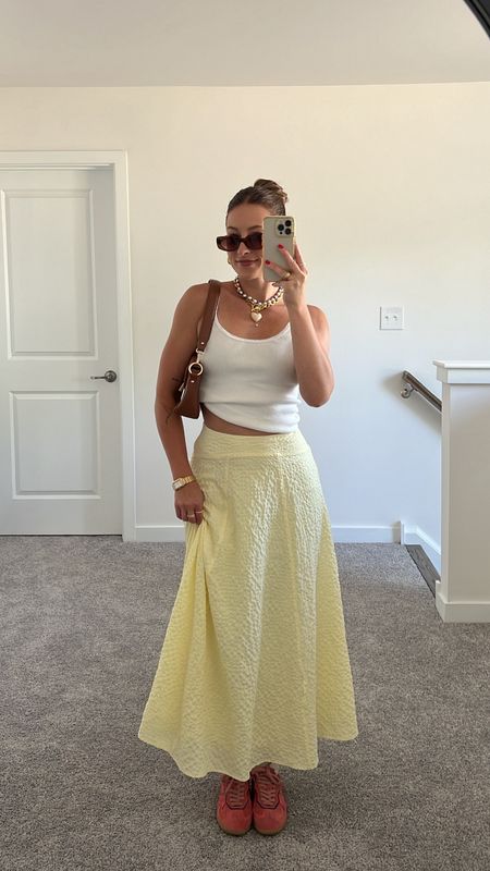 5/4/24 Skirt outfit 🫶🏼 summer fashion, summer fashion trends, skirt outfit, yellow skirt, Abercrombie style, summer fashion, summer outfits, summer outfit inspo, casual summer outfits, pink sneakers, alohas sneakers