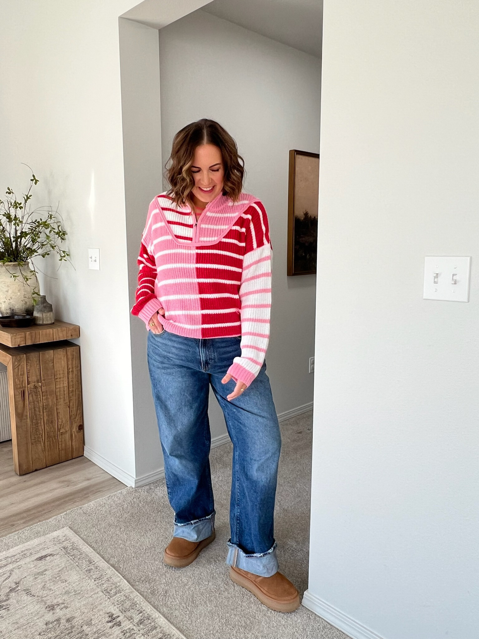 Such a cute red and pink half knit pull over! Perfect for my casual day fit! 

Outfit inspo, womens sweaters, platform boots, denim jeans, casual mom outfits

#LTKStyleTip #LTKSeasonal