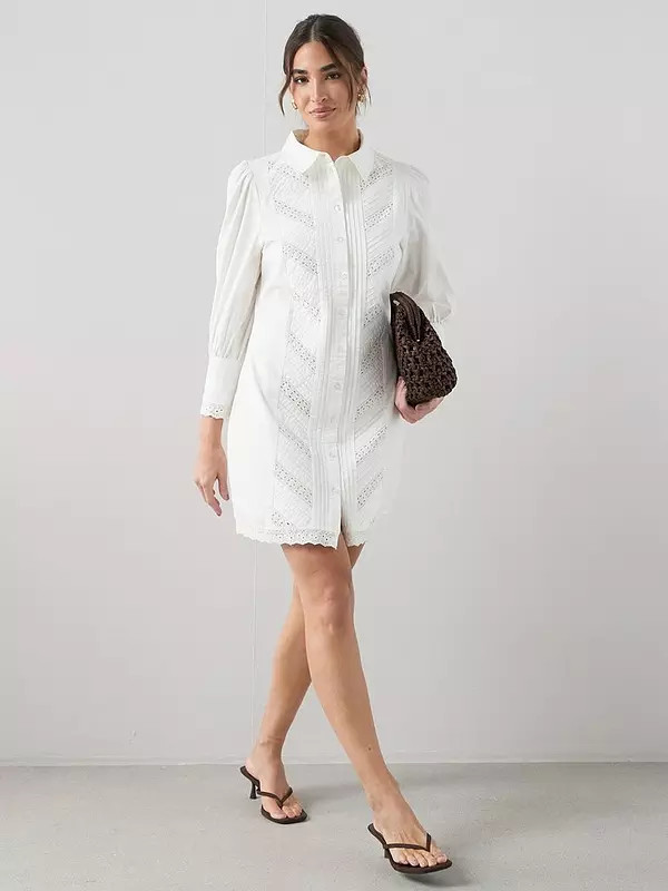 The Very Collection Broderie Insert Shirt Mini Dress - White | Very (UK)