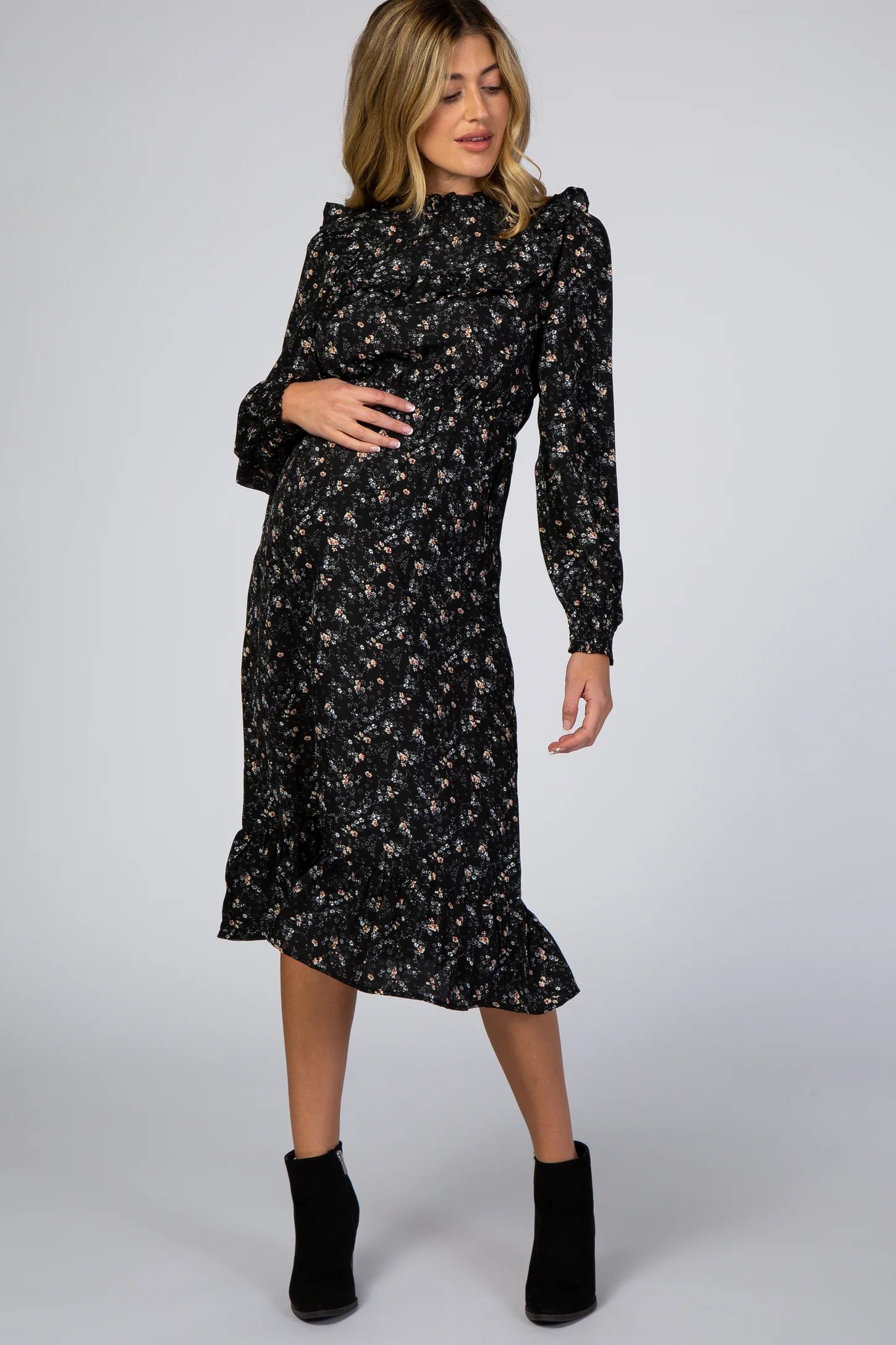 Black Floral Ruffle Long Sleeve Maternity Midi Dress | PinkBlush Maternity