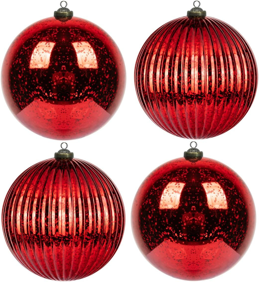 KI Store Large Red Christmas Ball Ornaments 6-Inch 4pcs Hanging Tree Ornament Decorations Shatterproof Vintage Mercury Balls | Amazon (US)