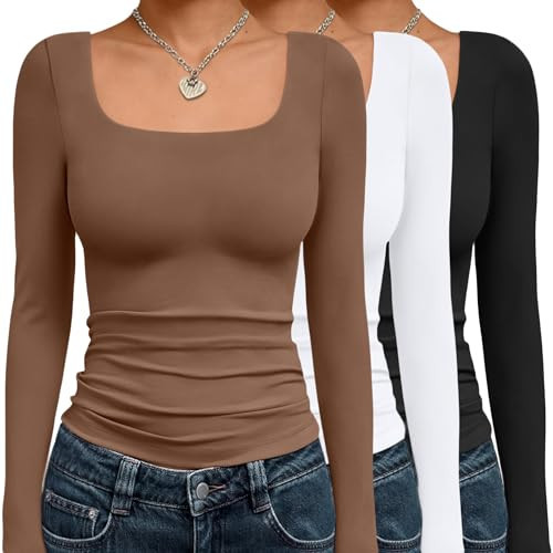 AUTOMET 3 Pack Womens Long Sleeve Shirts Fall Fashion Scoop Neck Crop Tops Basic Layer Slim Fit Y2K Clothes Black White Brown XL | Amazon (US)
