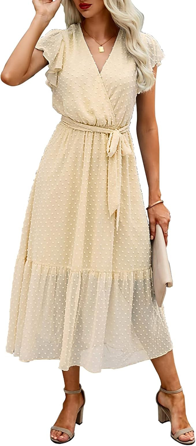 BTFBM Women Summer Bohemian Floral Casual Wrap V Neck Ruffle Cap Sleeveless Belt A-Line Pleated H... | Amazon (US)