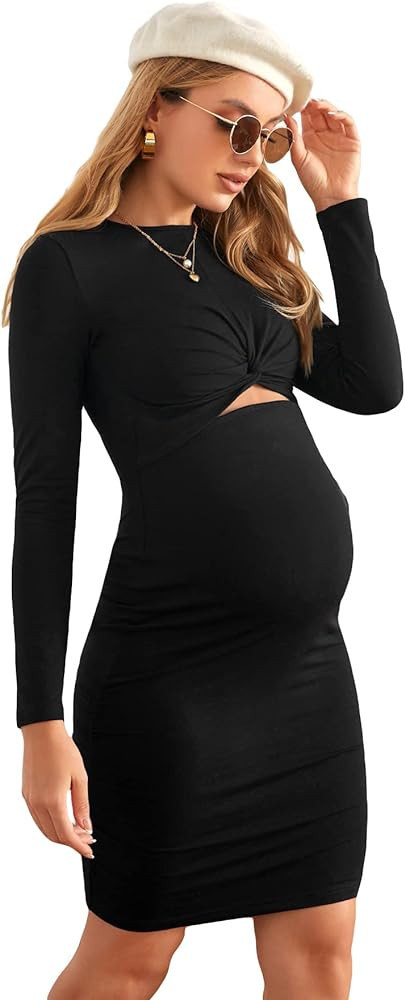 Cozyease Women's Maternity Twist Front Cut Out Bodycon Dress Solid Long Sleeve Mini Dress | Amazon (US)