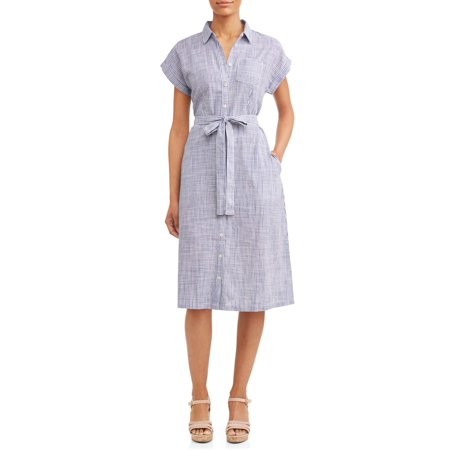 Women's Belted Midi Shirt Dress with Pocket | Walmart (US)