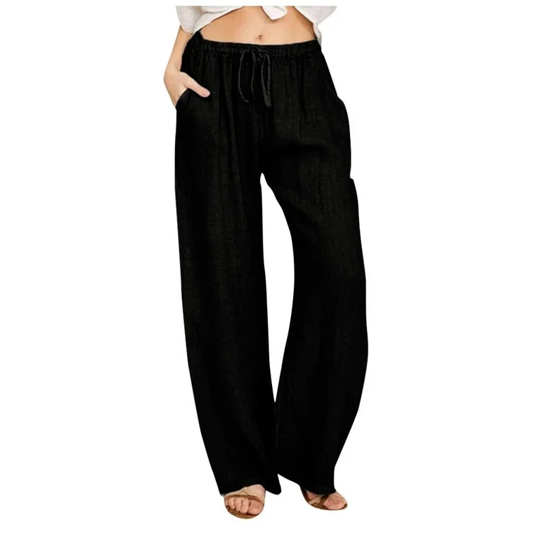 Besolor Women Plus Size Cotton Linen Wide Leg Pants Casual Loose Elastic High Waist Drawstring Pa... | Walmart (US)