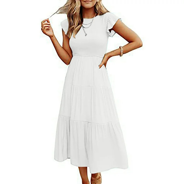 Womens Summer Casual Smocked Long Dress Flutter Ruffle Sleeve Crew Neck Elastic Waist Tiered Swin... | Walmart (US)