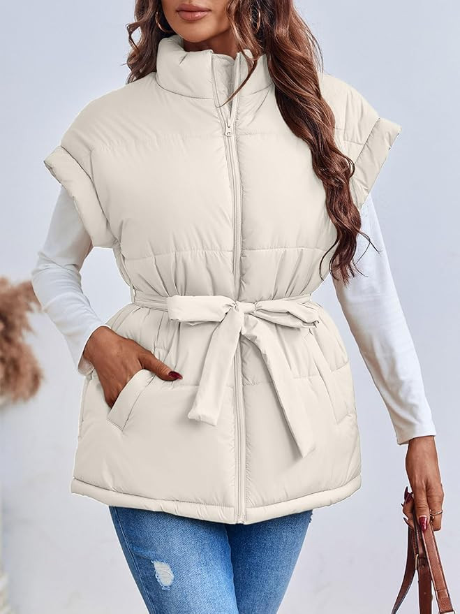 Langwyqu Women Oversized Puffer Vests Sleeveless Stand Collar Zipper Puffy Jackets with Belt | Amazon (US)