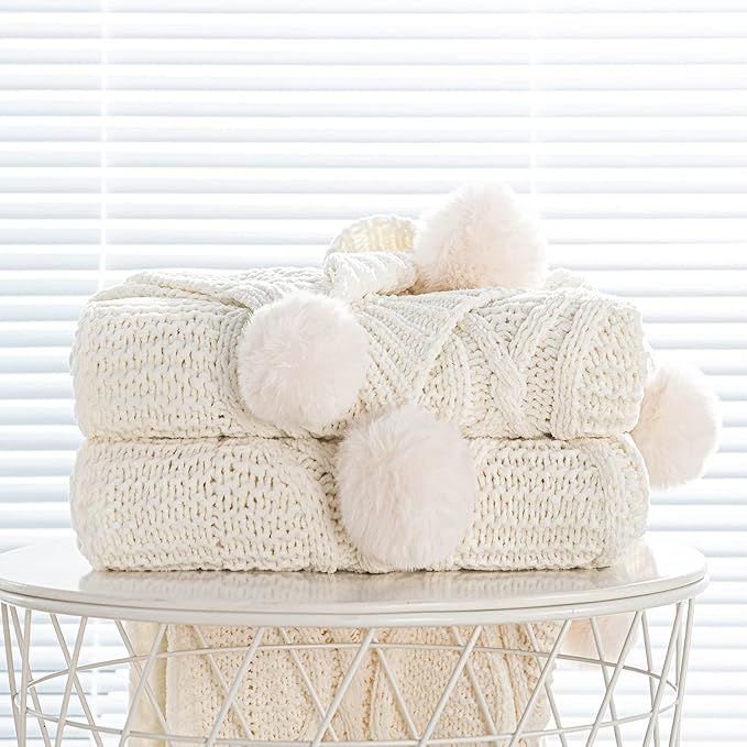 Chunky Knit Blanket with pom poms- Thick, Soft, Big, Cozy Throw Blankets for Couch, Bed, Sofa, Ch... | Amazon (US)