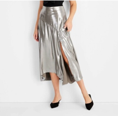 NWT~ Future Collective sz L Flowy Satin Midi Skirt Cocktail Metallic Silver CC20 | eBay US
