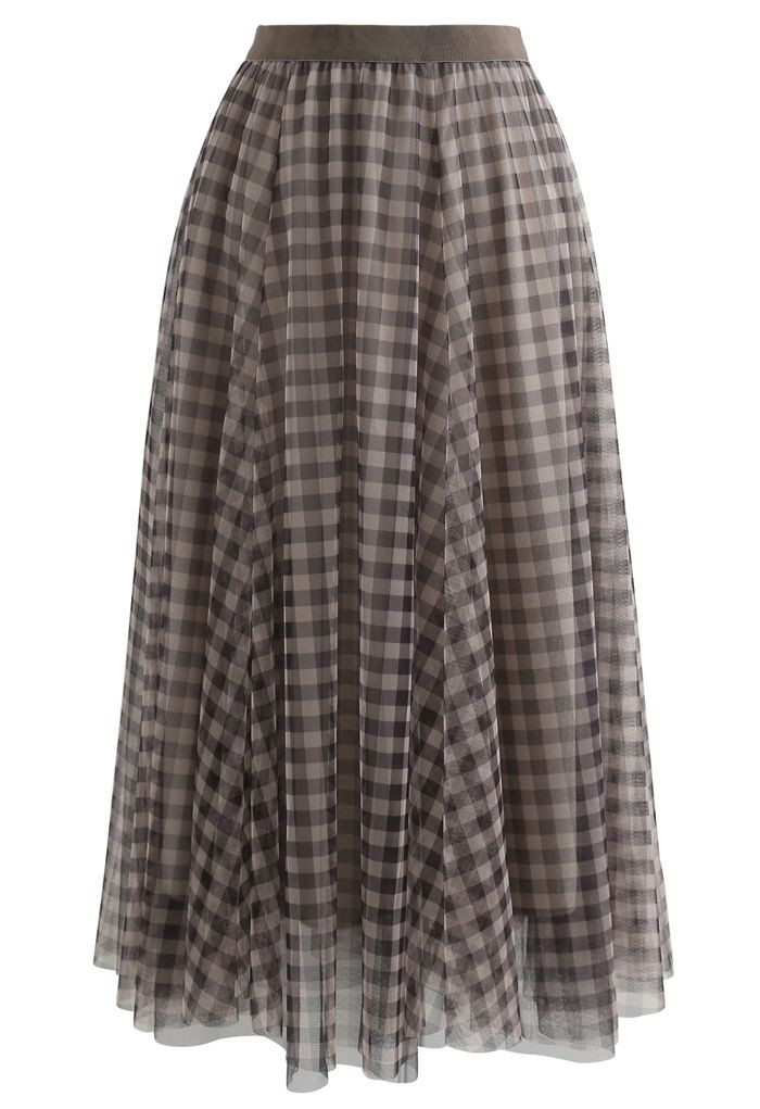 Gingham Double-Layered Mesh Tulle Midi Skirt in Brown | Chicwish