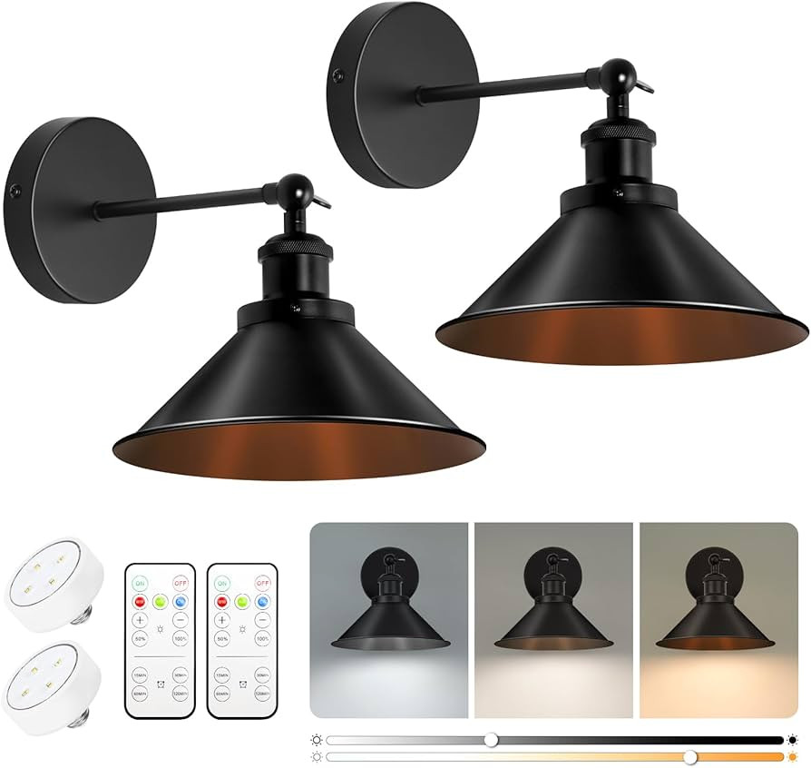 Black Battery Operated Wall Sconce, Vintage Wall Lights Battery Powered Sconces Wall Lamp Fixture... | Amazon (US)