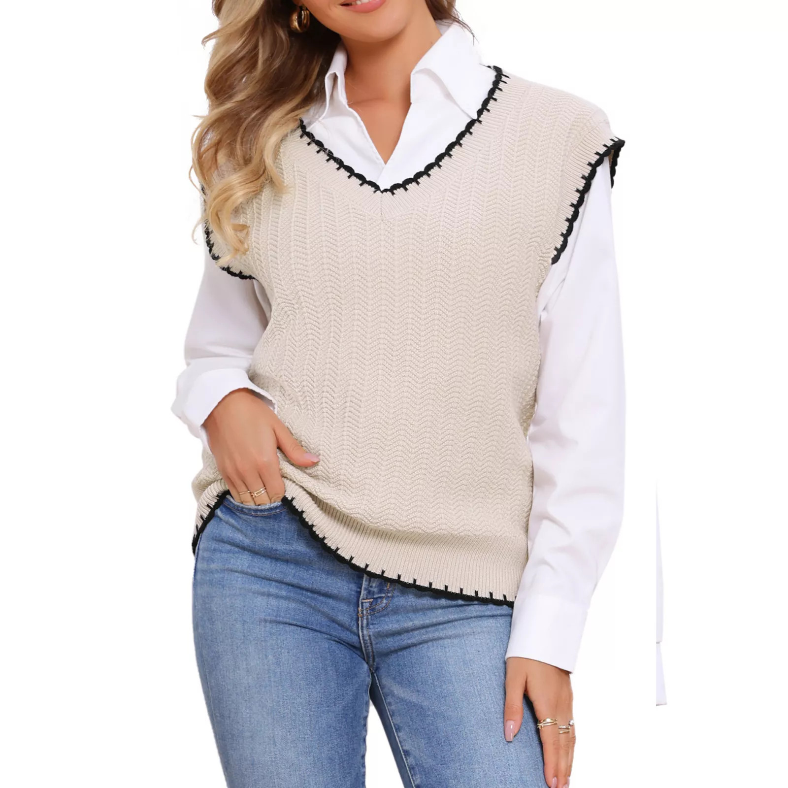 Sweater Vest for Women's V Neck School Uniform Contrast Color Sleeveless Knit Pullover Tops | Kohl's