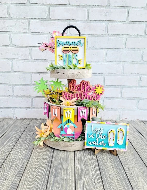 Summer Tiered Tray Set | Summer Vibes Tray Decor | Set of 6 | DIY Summer Tiered Tray | Etsy (US)