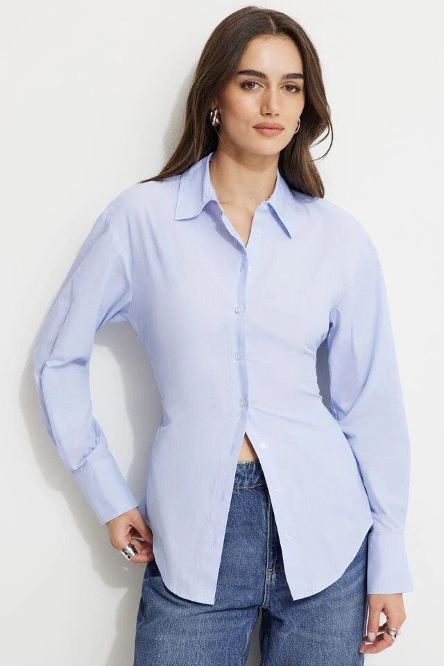 Cinched Waist Poplin Shirt | Dynamite Clothing