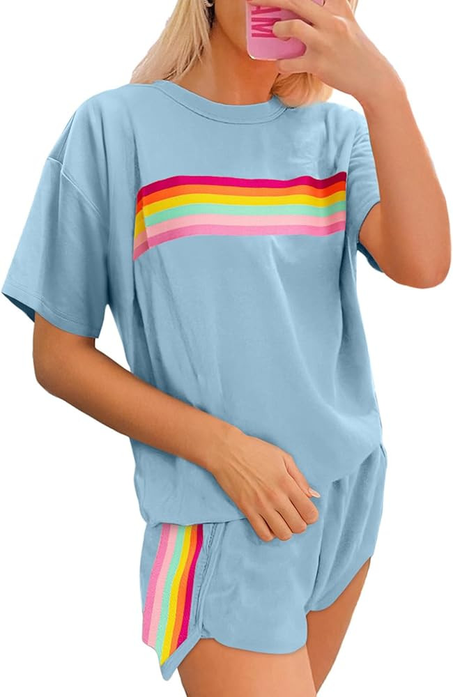 SHEWIN Womens Two Piece Lounge Sets Casual Short Sleeve Pullover Tops Matching Runner Shorts Cozy... | Amazon (US)