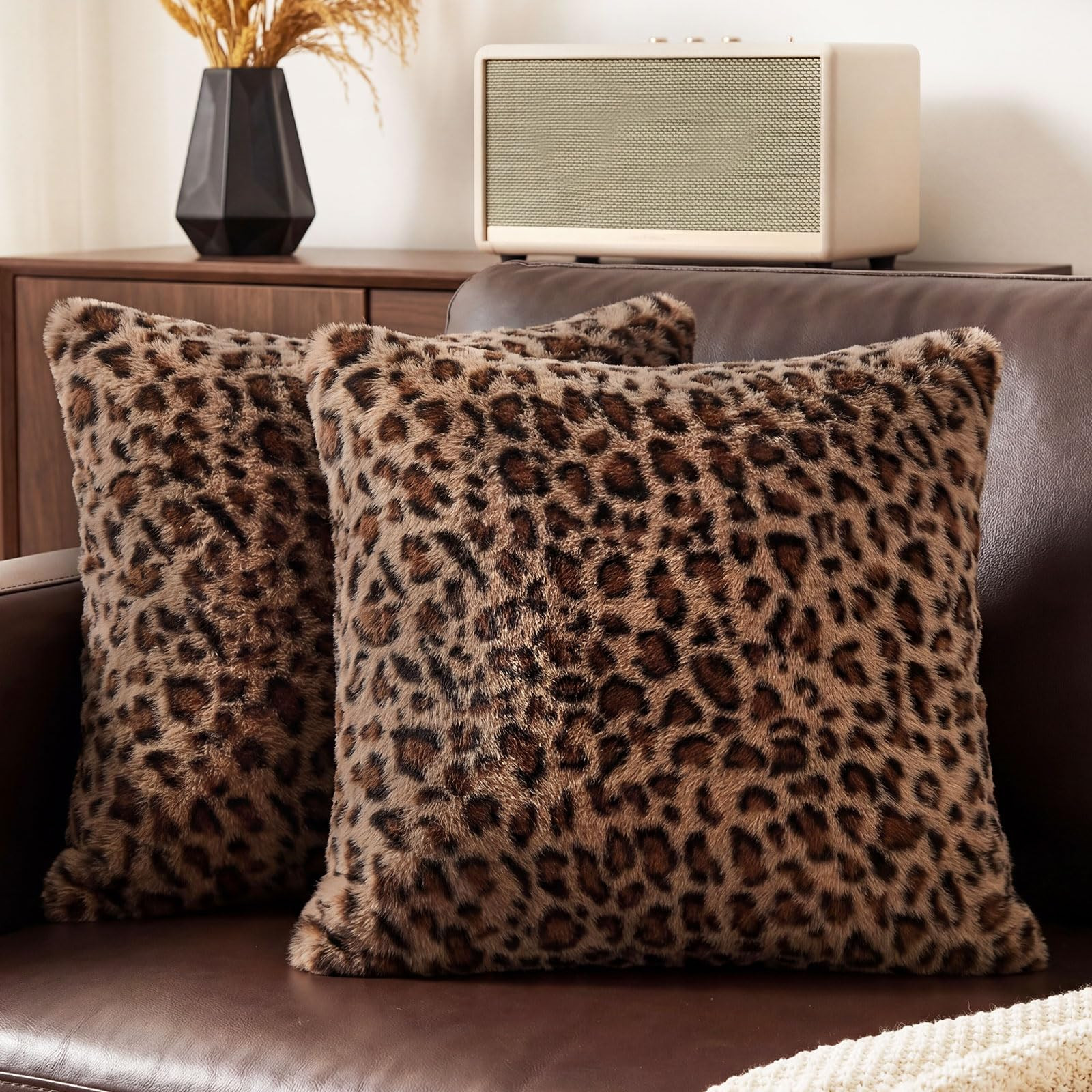 Leopard Throw Pillow Covers 18x18 Set of 2, Soft Faux Fur Cheetah Pillow Covers, Fluffy Decorativ... | Amazon (US)