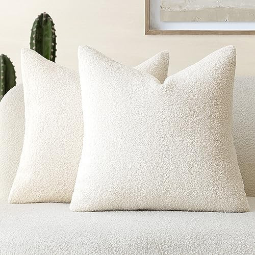 Foindtower Pack of 2, Curly Faux Fur Decorative Throw Pillow Covers Soft Neutral Plush Cushion Case Cozy Fluffy Furry Pillowcase for Home Living Room Couch Bedroom Sofa 18 x 18 Inch, Cream White | Amazon (US)