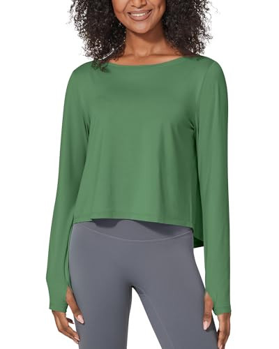 G4Free Long Sleeve Loose Crop Workout Tops for Women Athletic Boxy Cropped Gym Tee Boat Neck Runing Croptop (Green, XL) | Amazon (US)