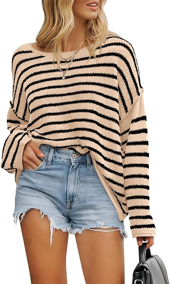 BTFBM Women's Striped Knit Sweaters 2025 Spring Fall Boat Neck Off Shoulder Long Sleeve Oversized... | Amazon (US)