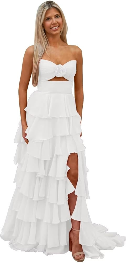 SHSUREVE Tiered Strapless Prom Dresses with Slit Long A Line Ruffle Chiffon Formal Evening Gowns ... | Amazon (US)