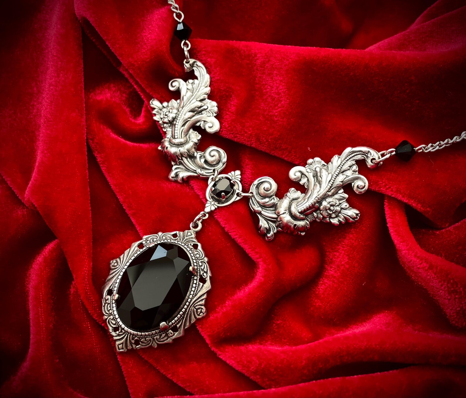 Gothic Necklace With Black Crystal, Ornate Silver Statement Necklace, Vintage Style Victorian Got... | Etsy (US)