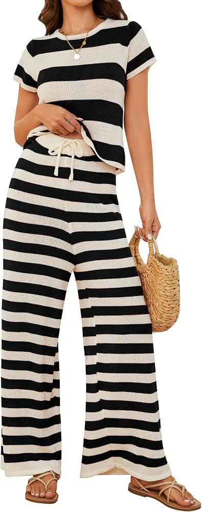 Women's 2 Piece Outfits Striped Knit Lounge Tracksuit Sets Short Sleeve Crop Top Wide Leg Pants S... | Amazon (US)