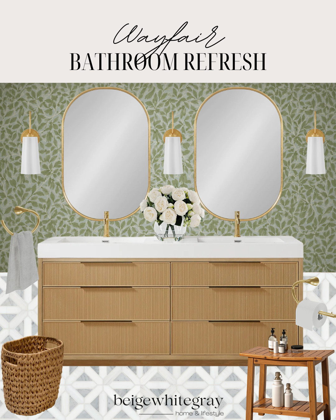 Wayfair bathroom, bathroom refresh ideas, bathroom wallpaper, botanical wallpaper bathroom, green leaf wallpaper, Clayfair wallpaper, bathroom makeover inspiration, double vanity bathroom, gold bathroom fixtures, arched bathroom mirrors, bathroom lighting ideas, neutral bathroom decor, luxury bathroom design, powder room inspiration, traditional bathroom style, bathroom renovation ideas, designer bathroom inspiration, wallpaper accent wall, affordable bathroom update, elegant bathroom decor, blue and green bathroom design

#LTKHome