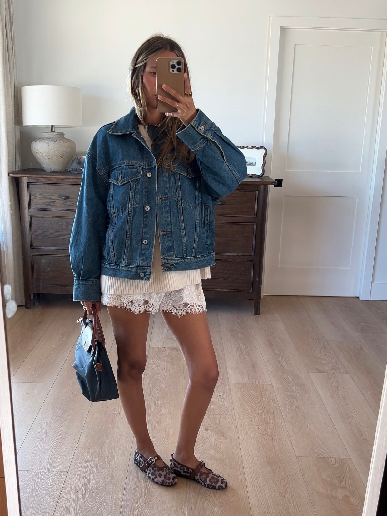 WHAT IM WEARING: 
Denim jacket- Abercrombie ( I did Xs perfectly oversized ) 
Shorts- amazon satin lace shorts (smallest size ) 
Flats- Amazon 
Sweater - quince ( I did s ) 
