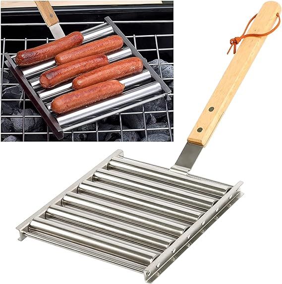 KAYCROWN Hot Dog Roller Stainless Steel Sausage Roller Rack with Extra Long Wood Handle, BBQ Hot ... | Amazon (US)
