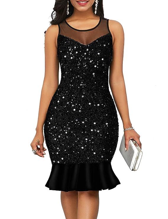 Vimzone Womens Sheer Mesh Sequin Dress Short Sleeves Glitter Bodycon Party Dresses | Amazon (US)