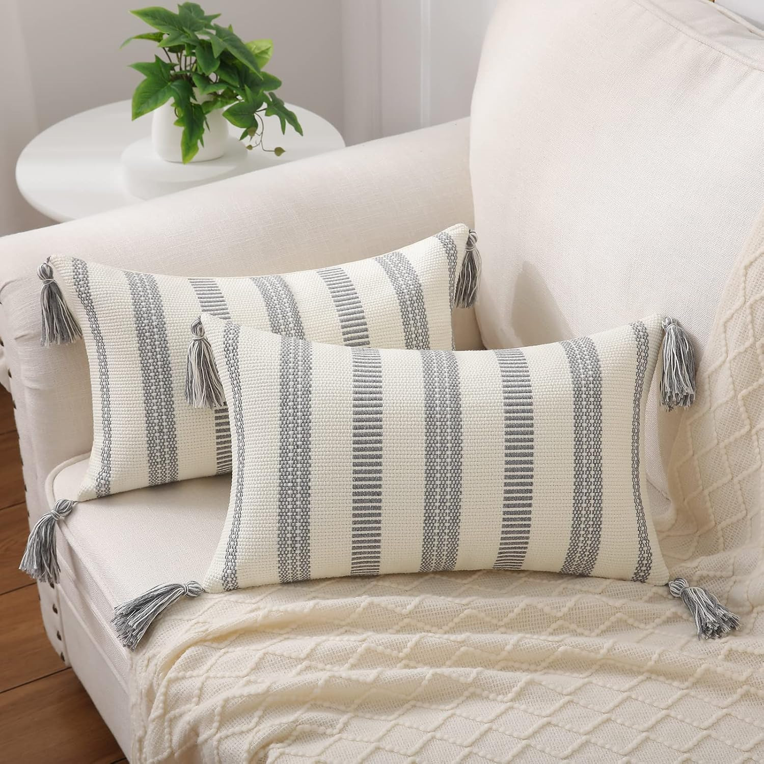 Smile Bee Boho Outdoor Throw Pillow Covers Set of 2, Decorative Woven Striped Pillow Covers with ... | Amazon (US)