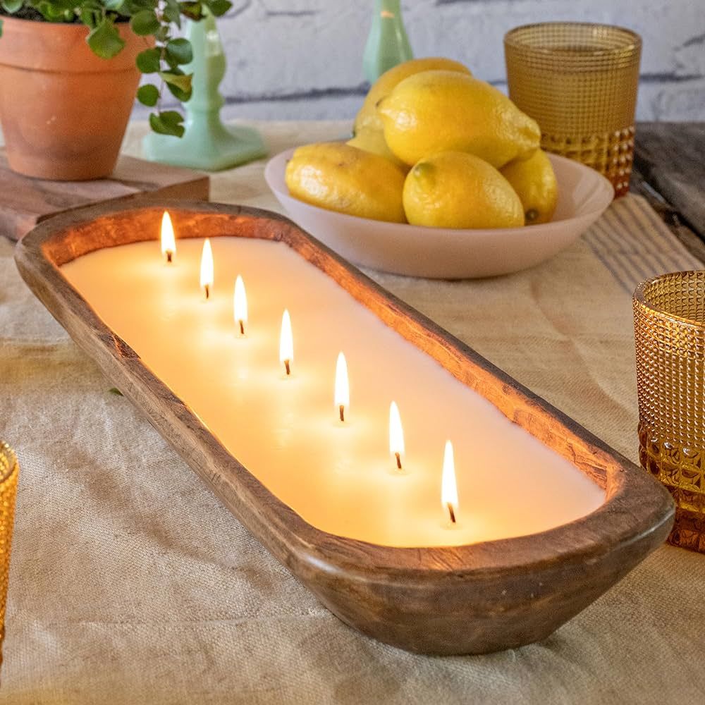 MAINEVENT Wooden Dough Bowl Candles 20 Inch, Farmhouse Table Centerpiece Soy Boat Candle Bowl, Un... | Amazon (US)