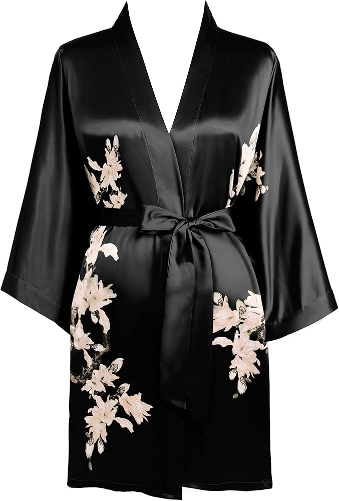 BABEYOND Kimono Robe Cover up Short Satin Floral Kimono Blouse Loose Bachelorette Party Robe | Amazon (US)