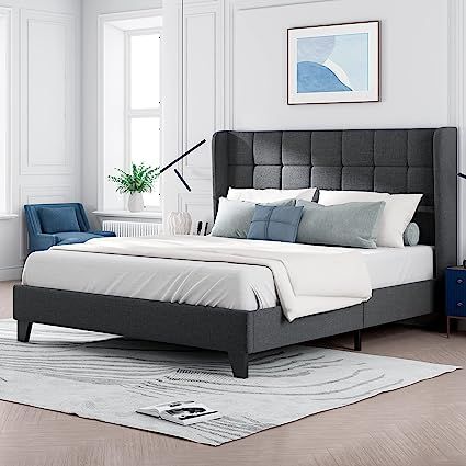 Allewie Queen Size Platform Bed Frame with Wingback / Fabric Upholstered Square Stitched Headboar... | Amazon (US)